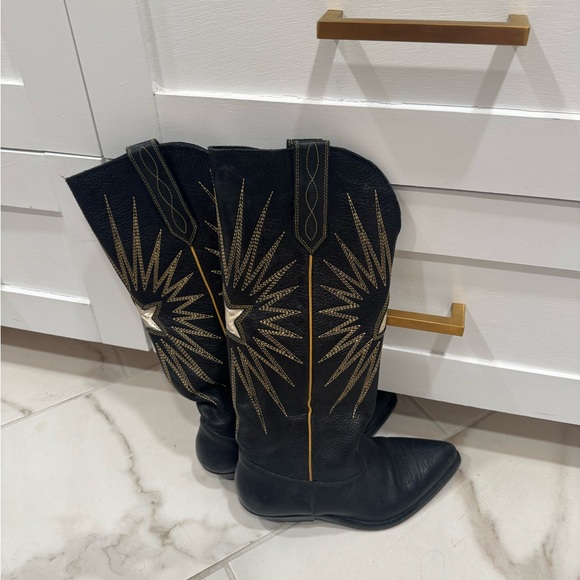 Black Leather Cowboy Boots with Yellow Embroidery - Picture 1 of 7